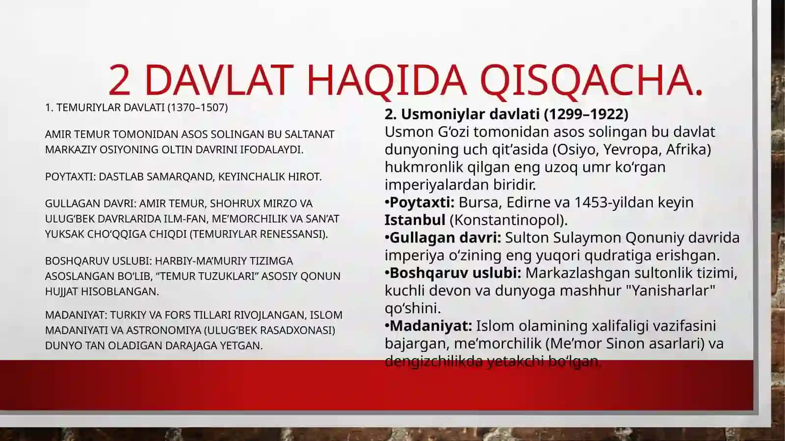 Usmoniylar va Temuriylar davlatinSolishtirish 3