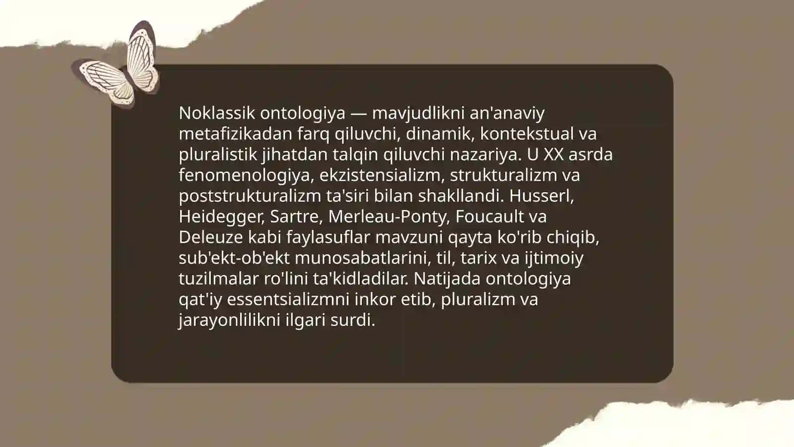 Noklassik ontologiyaning yo'nalishlari va mohiyati bo'yicha esse tayyorlash 3