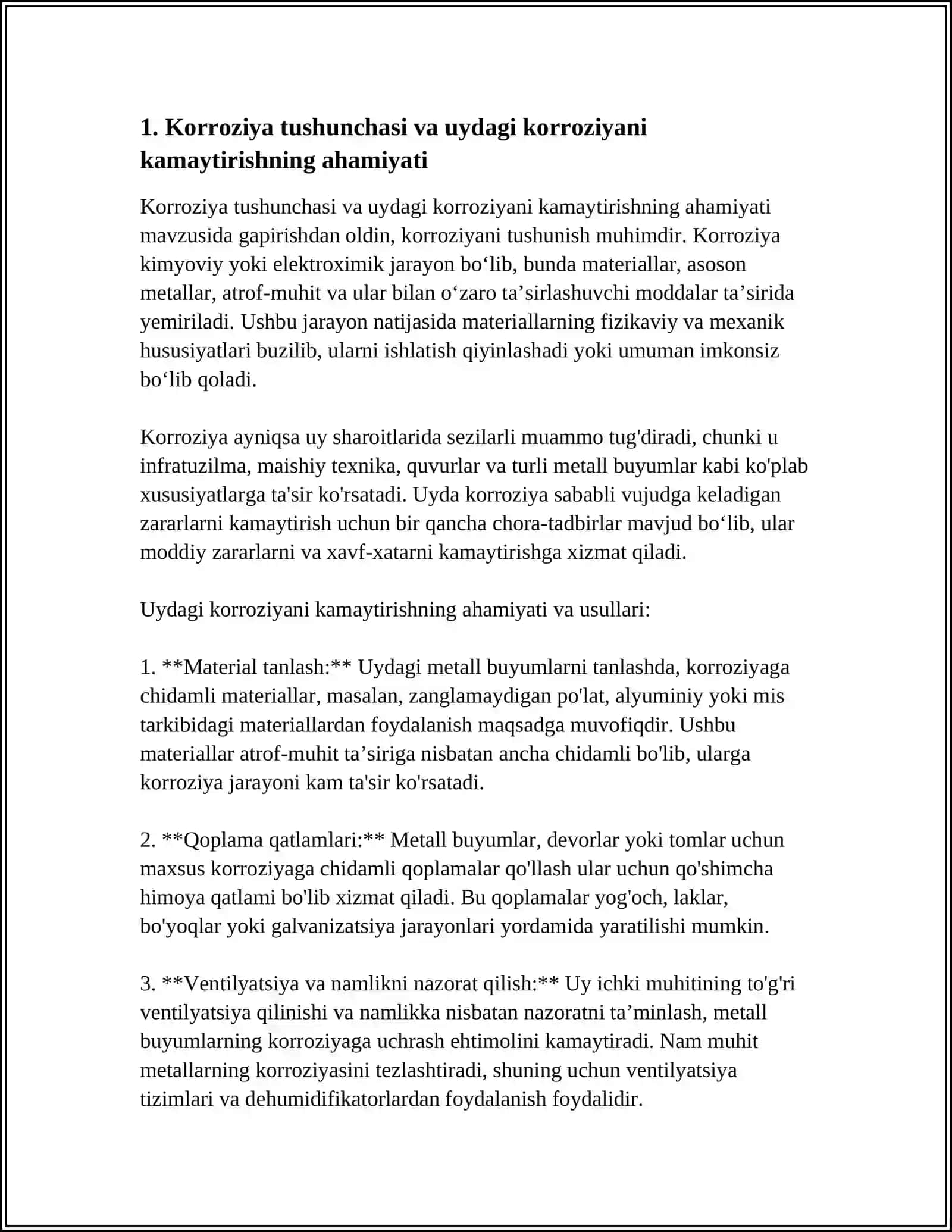 UYDA KOROZIYANI KAMAYTIRISH YOʻLLARI REFERAT TAYYORLAB BER 3