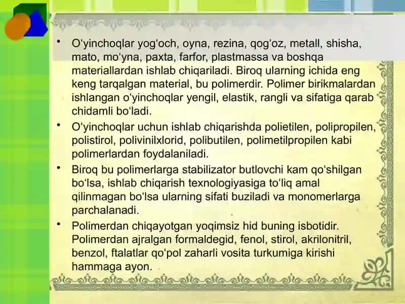 O‘yinchoq turlari, o‘yinchoqqa qo‘yiladigan talablar. 3