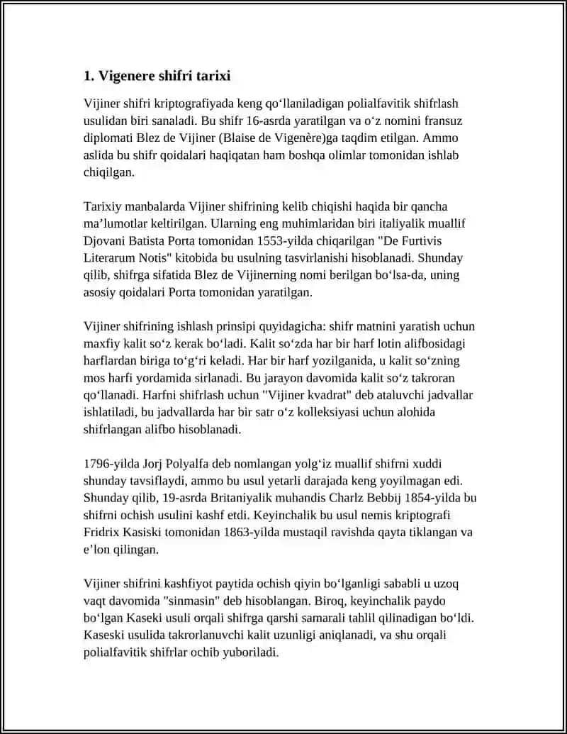 VIJINER ALGORITMI ASOSIDA KLASSIK SHIFRLASH ALGORITMINING ISHLASH TARTIBINI O'RGANISH 3