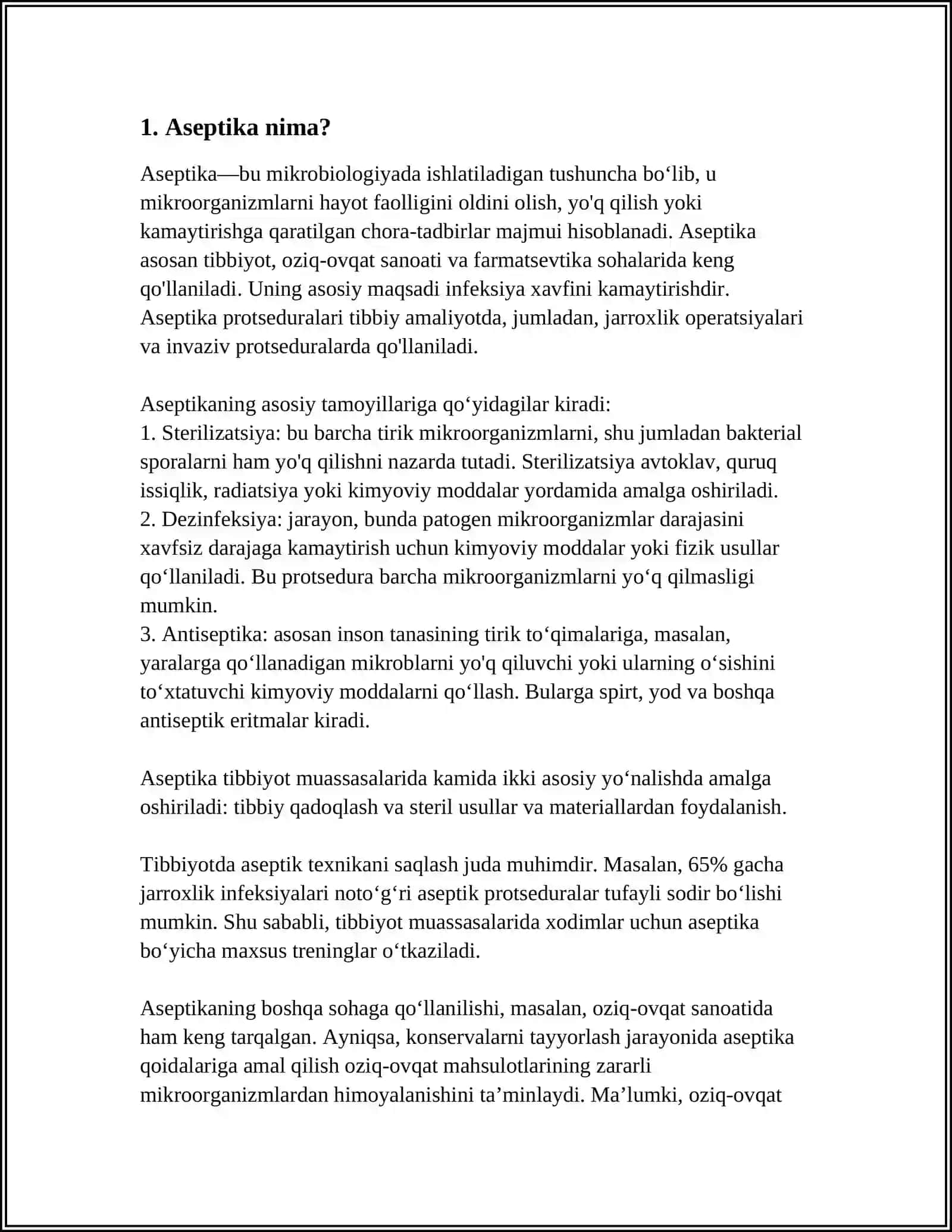 ASEPTIKA HAQIDA TO’LIQ MALUMOT, UNING TURLARI HAQIDA TOʻLIQ MALUMOT, STERELIZATSIYA HAQIDA TO’LIQ MALUMOT 3