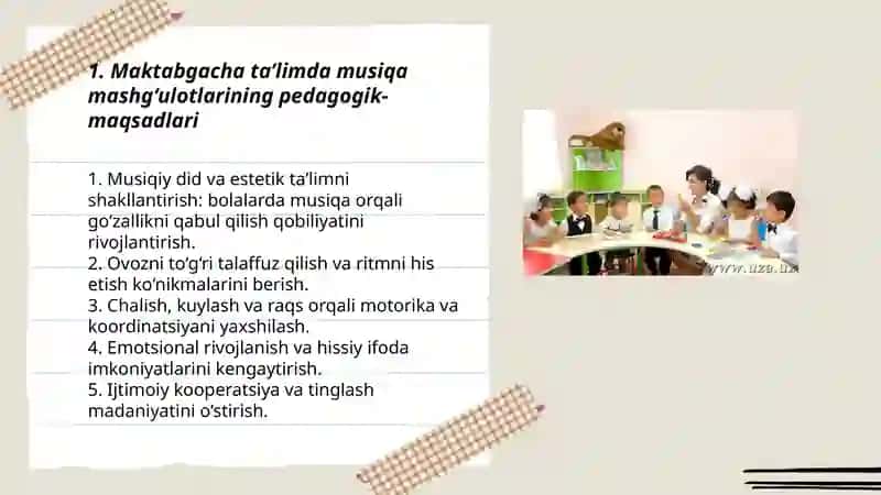 Maktabgacha taʼlim tashkilotlarida musiqa mashgʻulotlarining maqsad va vazifalari 3