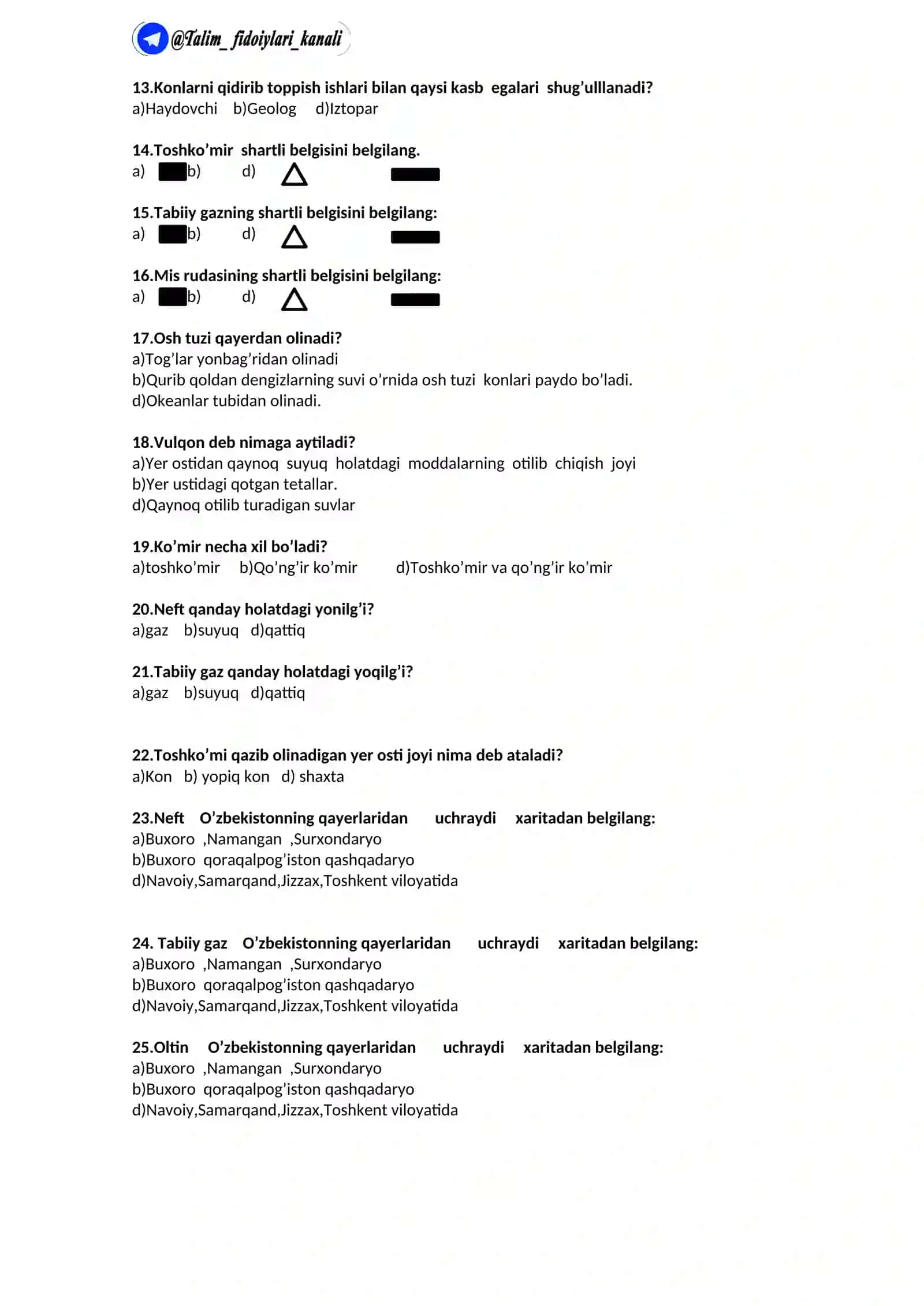 Tabiatshunoslik test sinovi.I-chorak.3-sinf 3