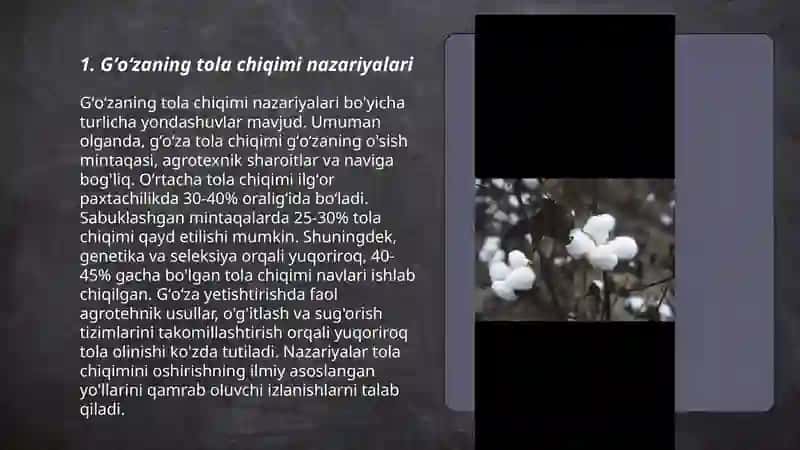Gʻoʻzaning tola chiqimi va uning indeksi 1000dona chigit ogʻirligi va oʻsimlik hosildorligini aniqlash 3