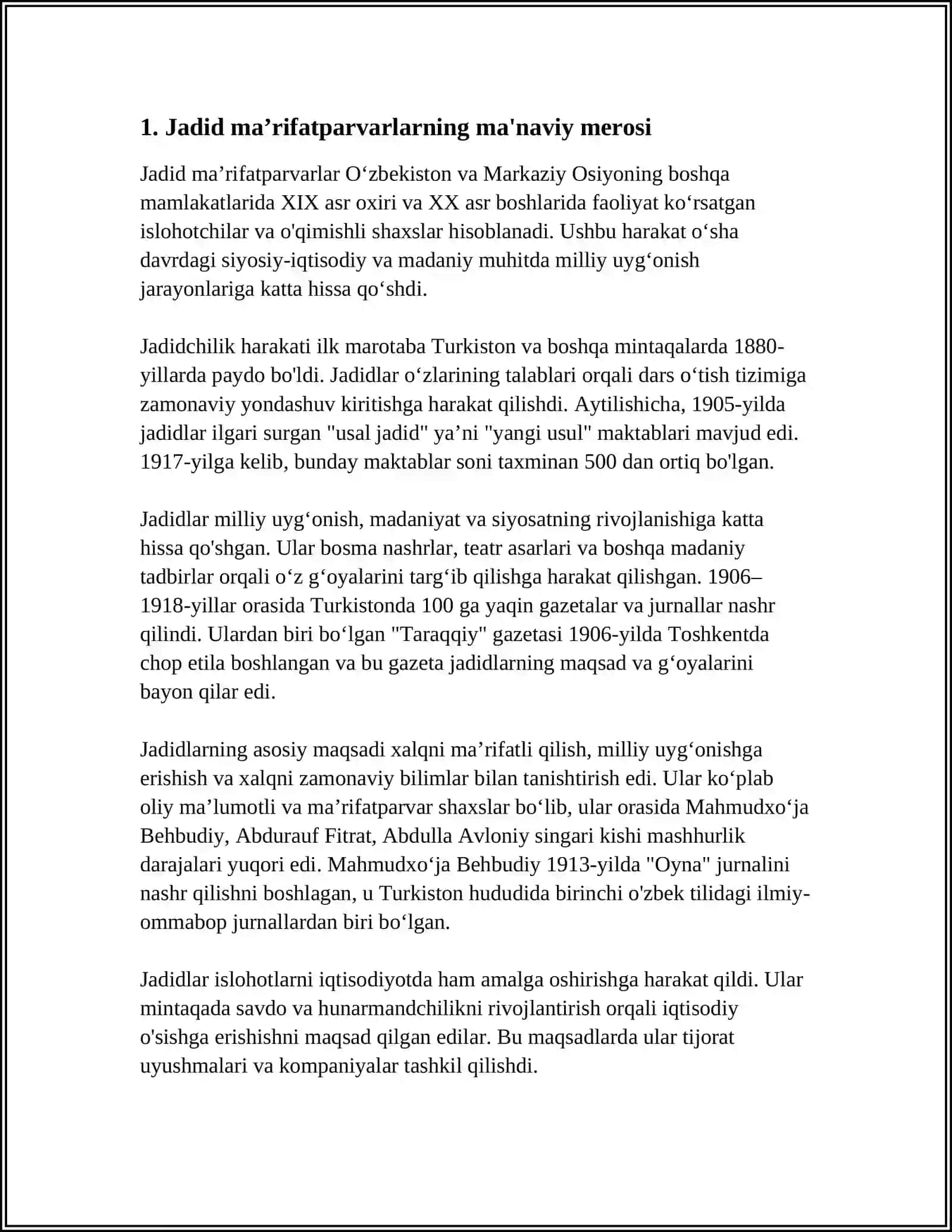 Jadid maʼrifatparvarlarning oʻlka ijtimoiy-manaviy hayotida tutgan oʻrni (Munavvar Qori, Fitrati, Behbudiy, Avloniy) 3