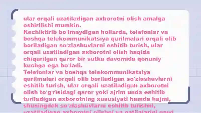 Telefonlar va boshqa telekommunikatsiya qurilmalari orqali olib boriladigan so'zlashuvlarni eshitib turish, ular orqali uzatiladigan axborotni olish 3