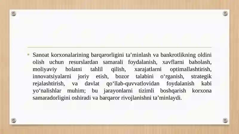 Sanoat korxonalarining iqtisodiy barqarorligini taʼminlash va uning bankrotligini oldini olish yoʻllari. 3
