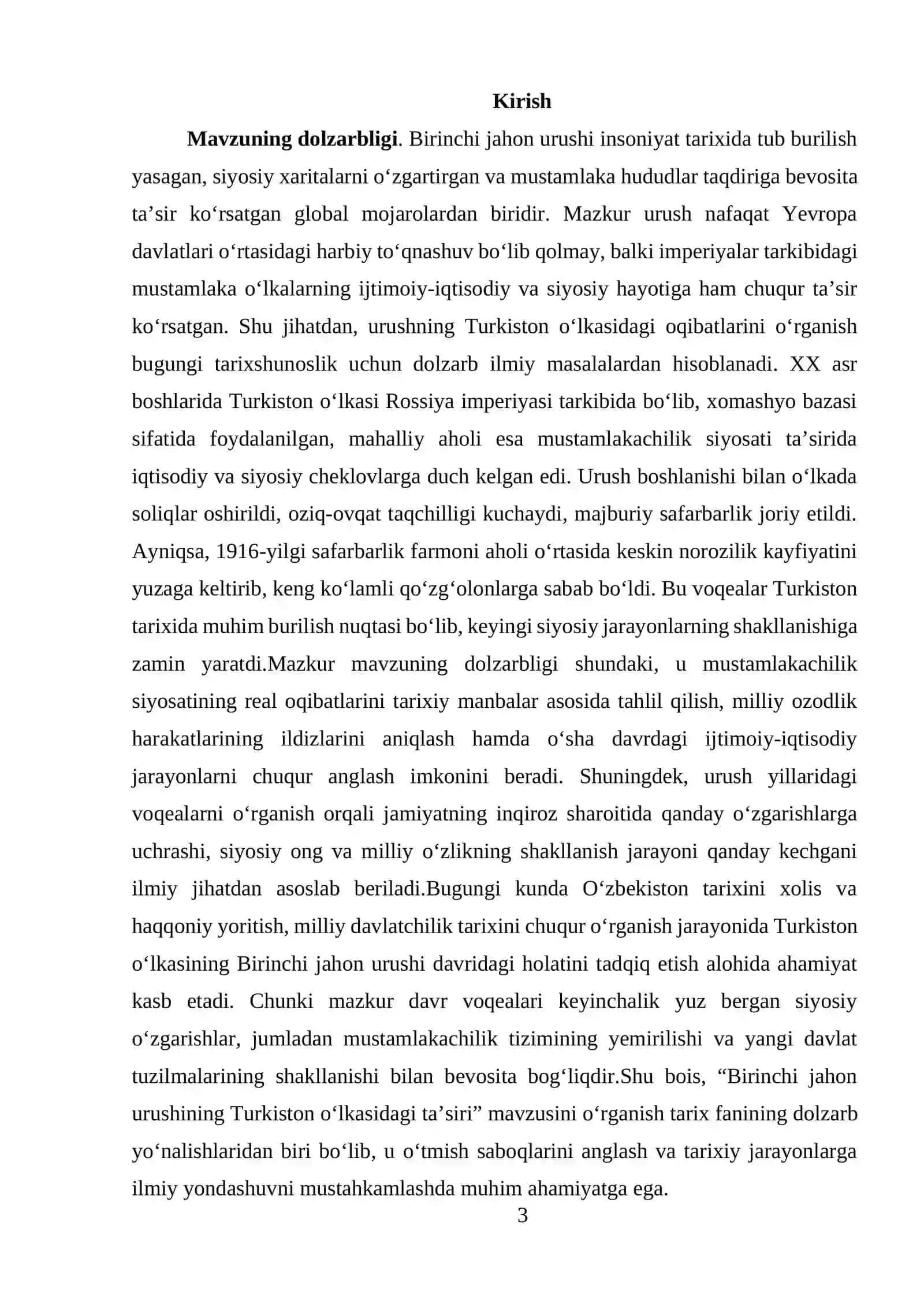"Birinchi jahon urushining turkuston o'lkasidagi ta'siri" mavzusida tayyor kurs ishi 3