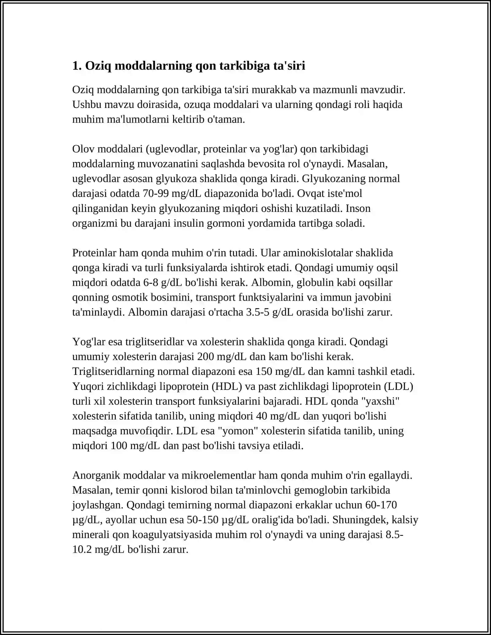 Oziq moddalar (Oqsilar, yog'lar, uglevodlar, meniral tuzlar)ning qonga ta'siri 3