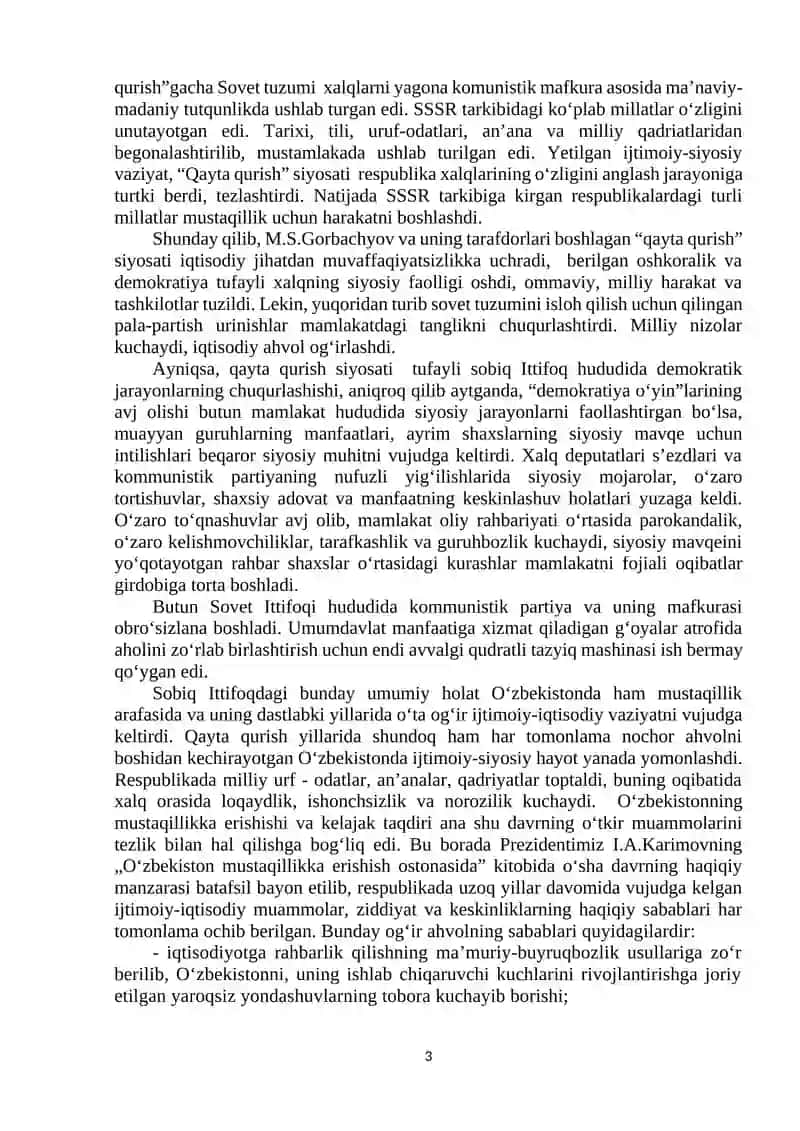 3-mavzu: Mustaqillikka erishish arafasida Oʻzbekistondagi ijtimoiy-siyosiy jarayonlar 3