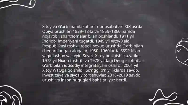 Xitoy va Gʻarb mamlakatlari munosabatlari XIX asrda Opiya urushlari 1839–1842 va 1856–1860 hamda nojavobli shartnomalar bilan boshlandi 3