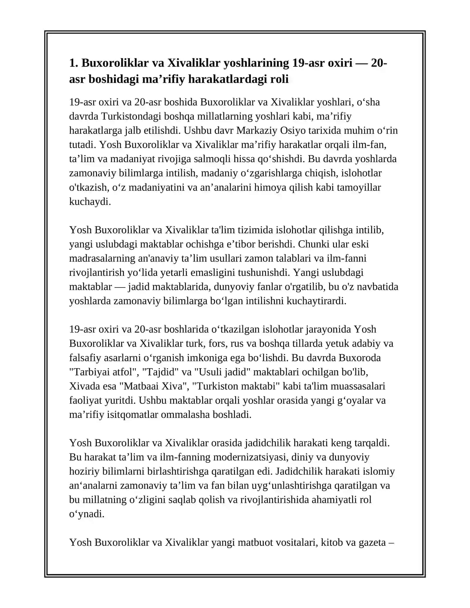 YOSH BUXOROLIKLAR VA XIVALIKLAR FAOLIYATI. TARIX FANIDAN LOYIHA ISHI 3