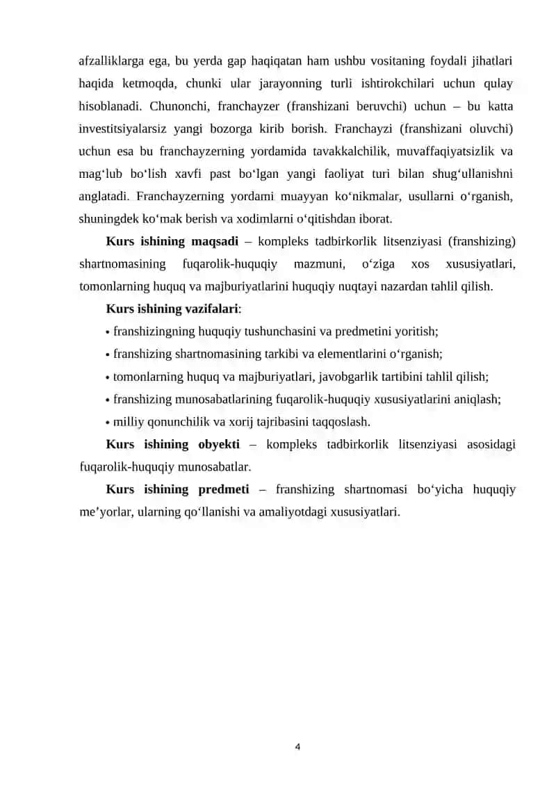 KOMPLEKS TADBIRKORLIK LITSENZIYASI (FRANSHIZING) SHARTNOMASINING FUQAROLIK-HUQUQIY XUSUSIYATLARI 3