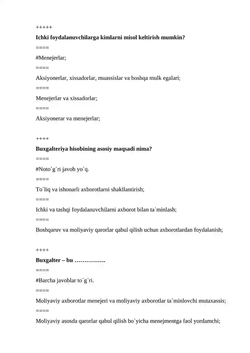 BUXGALTERIYA HISOBINING FUNDAMENTAL ASOSLARI FANIDAN YAKUNIY NAZORAT TESTLARI 3
