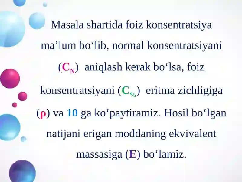 Foiz va normal konsentratsiya oʻrtasidagi bogʻlanish 3