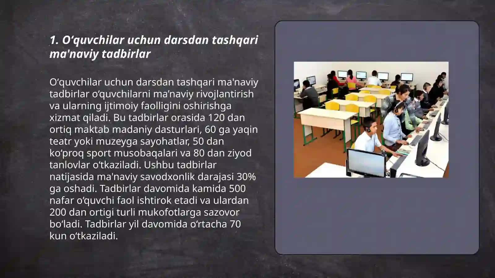 Oʻquvchilarning darsdan tàshqari tarbiyaviy jarayonlarda ma'naviy ishlarini tashkil etish 3