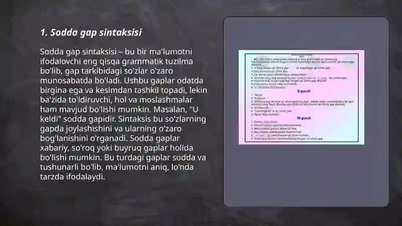 Sodda gap sintaksis,qoʻshma gap sintaksisi,murakkab qoʻshma gap sintaksisi.Predikativ va nopredikativ bogʻlanish. 3