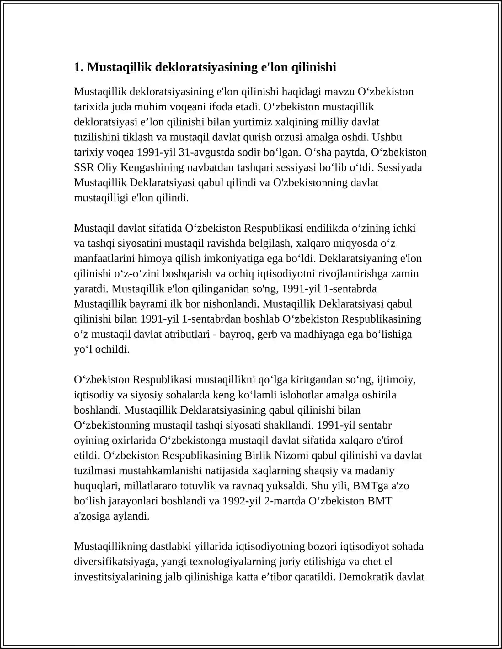 MUSTAQILLIK ARAFASIDA RESPUBLIKADAGI IJTIMOIY VA SIYOSIY JARAYONLAR, MUSTAQILLIK DEKLARATSIYASI 3