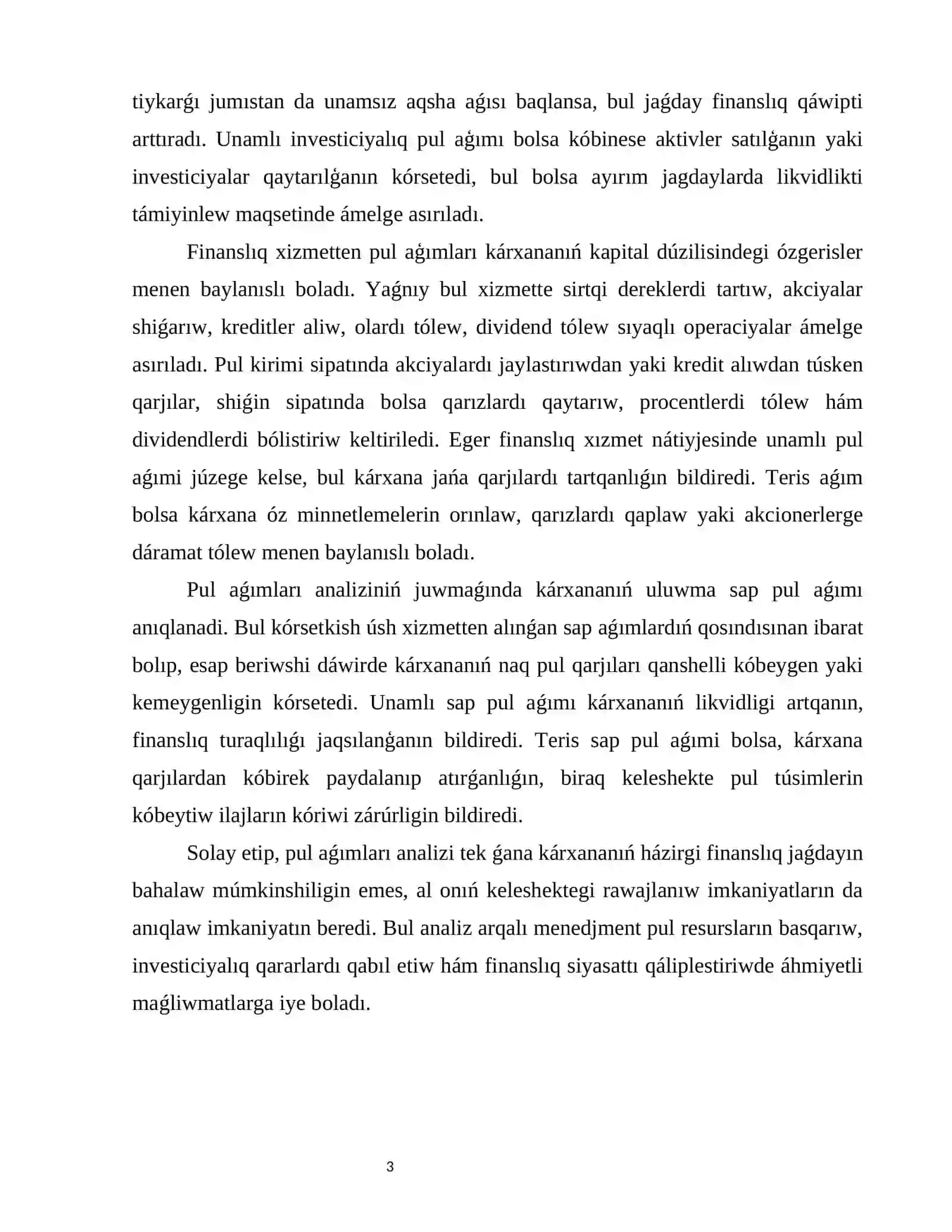 Tiykarǵı xızmet, ekonomikalıq hám investiciyalıq xızmetten pul aǵımları analizi 3