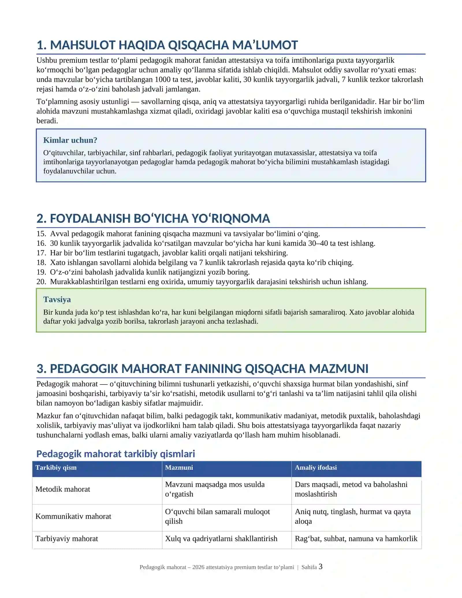 Pedagogik mahorat fanidan 2026 attestatsiyaga tayyor premium testlar to‘plami: 1000 ta test, javoblar kaliti va 30 kunlik tayyorgarlik jadvali bilan 3
