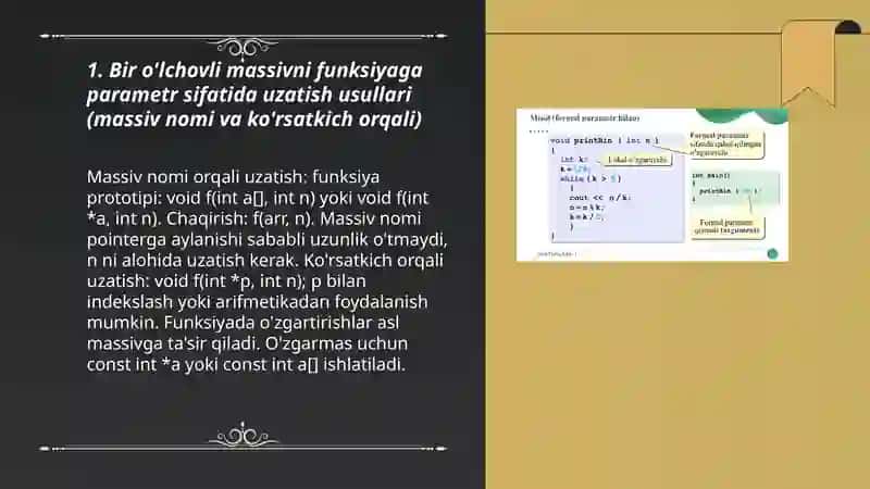 Bir o'Ichovli massivlarni funksiya parametrlari sifatida go'llanilishi 3