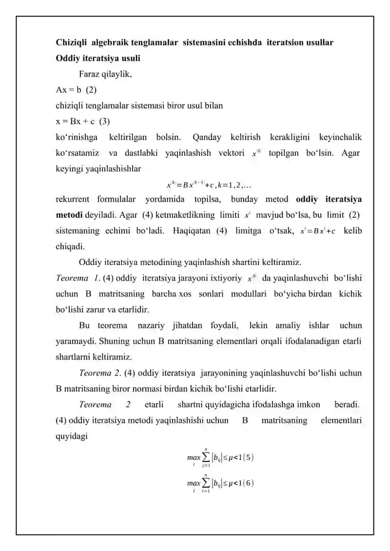 Chiziqli Algebraik Tenglamalar sistemasini yechish usullari. Zeydel usuli 3