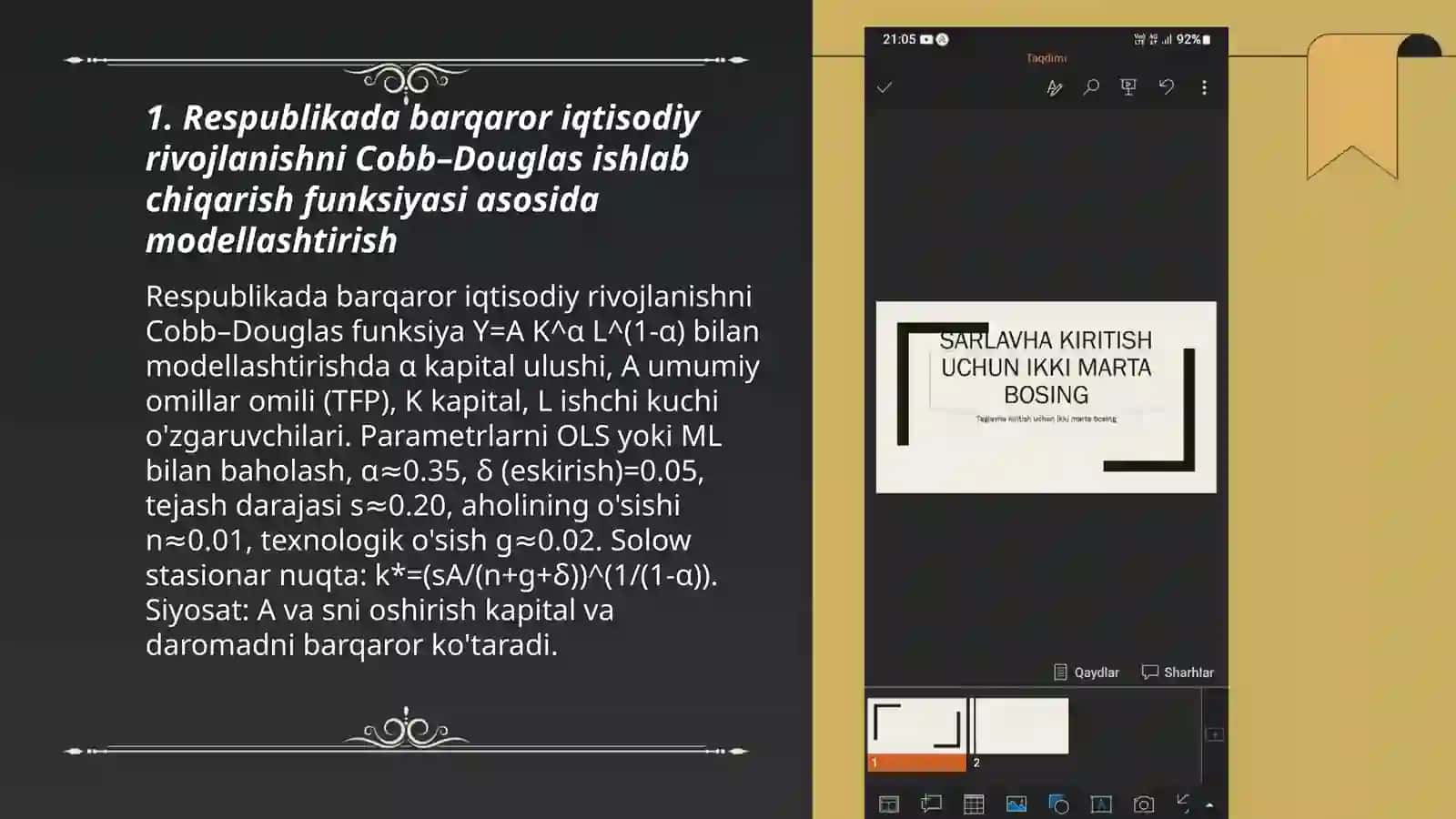 Respublikada barqaror iqtisodiy rivojlanishni Cobb–Douglas ishlab chiqarish funksiyasi asosida modellashtirish 3