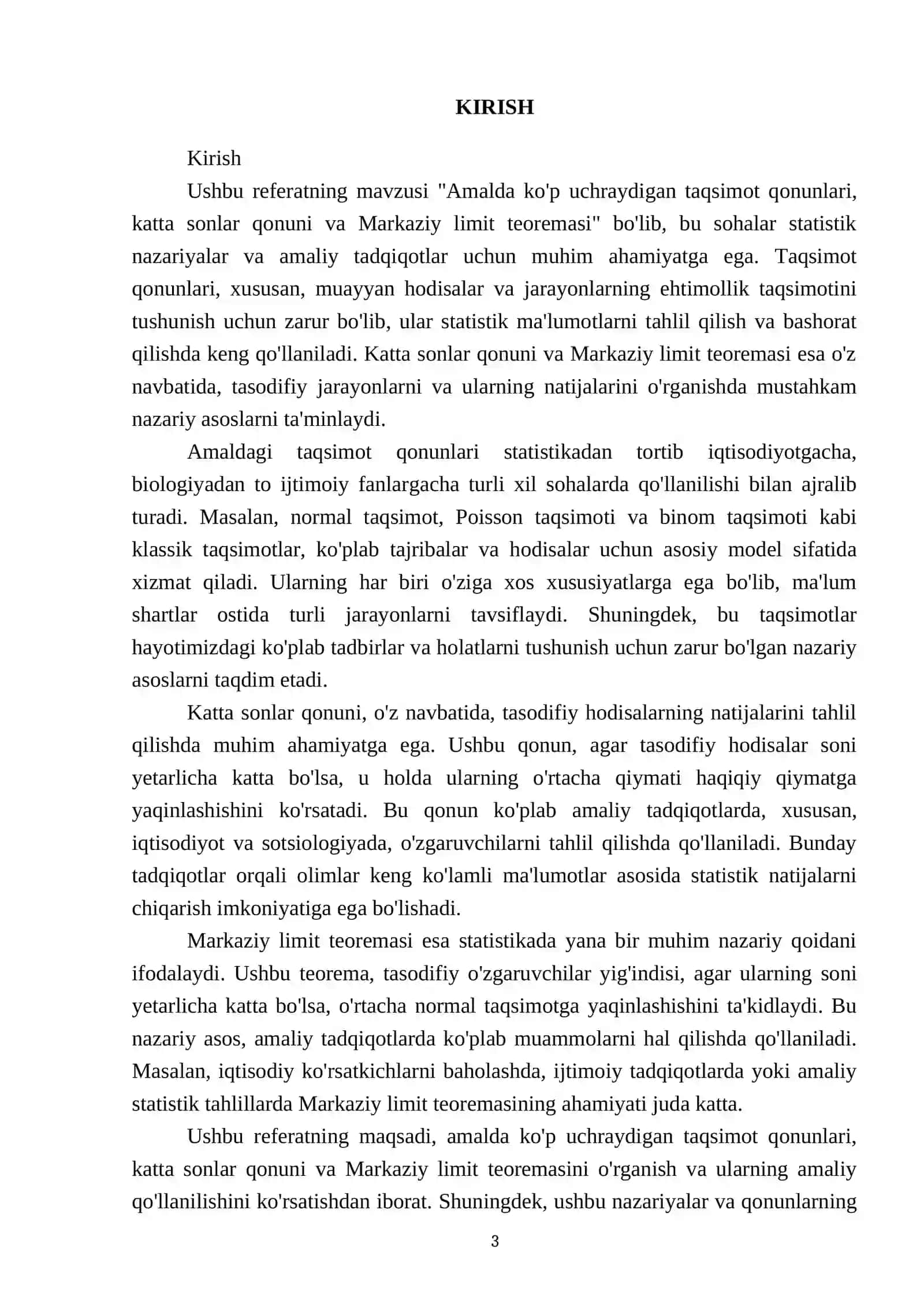 Amalda kup uchraydigan taqsimot qonunlari katta sonlar qonuni Markaziy limit teoremasi 3