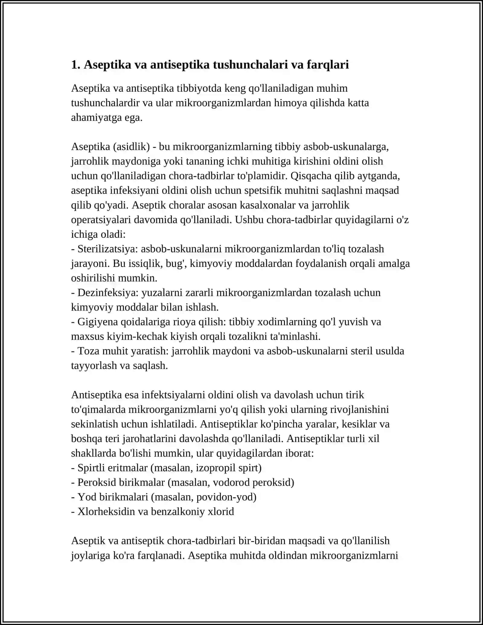 ASEPTIKA VA ANTISEPTIKA. XIRURGIK INFEKSIYALARNING OLDINI OLISH. OPERATSIYA VA BOGʻLOV XONASINI YIGʻISHTIRISH 3