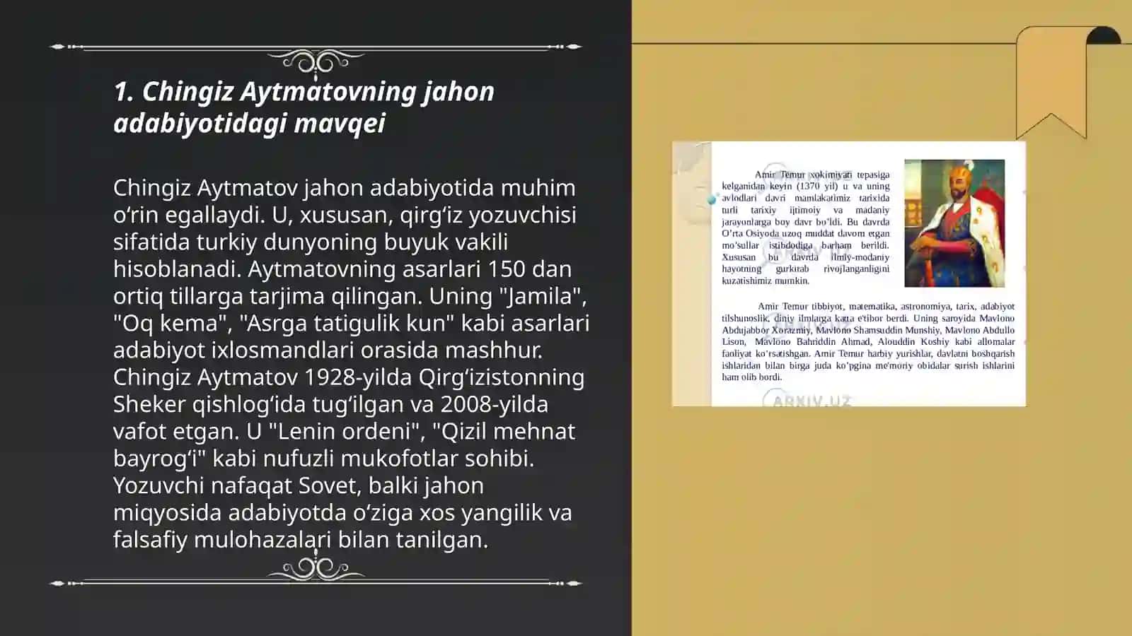 Chingiz Aytmatovning jahon adabiyotinga qoʻshgan hissasi.Uning qissalari 3