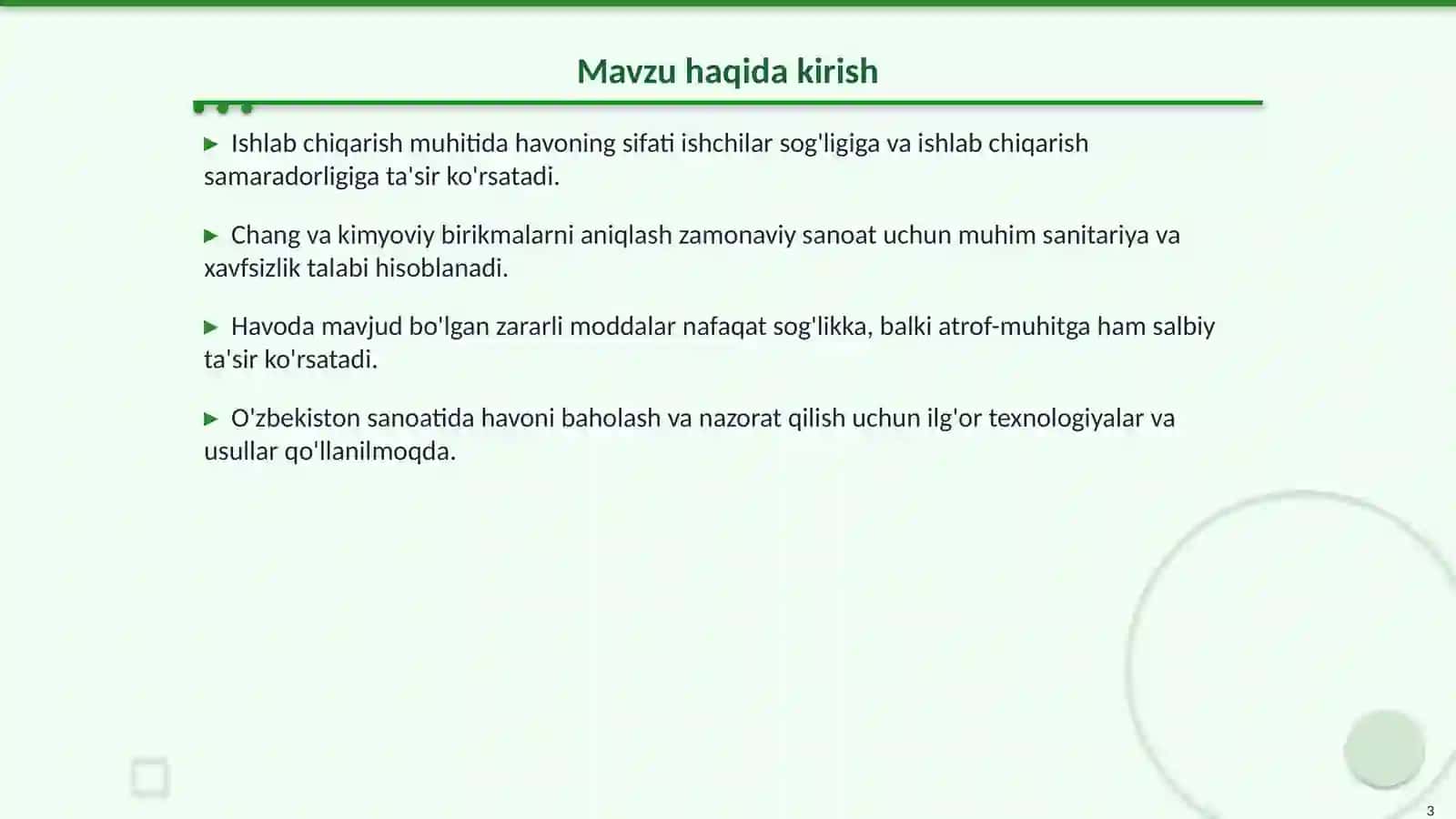 Ishlab chiqarish muhiti havosida chang va kimyoviy birikmalarni aniqlash 3