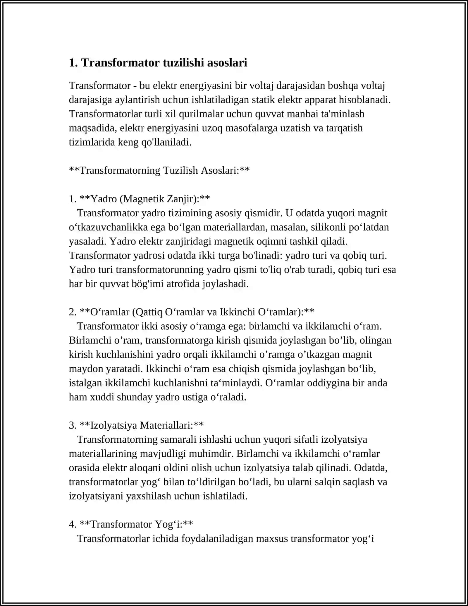 PAYVANDLASH TRANSFORMATORLARNI TUZILISHI SANOAT CHASTOTALI INDUKSION QIZITKICHNI HISOBI 3
