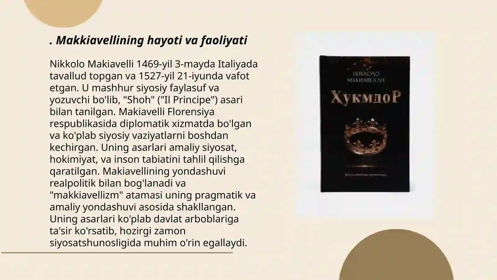 Makiavellining "Xukmdor" asari bo'yicha taqdimot tayyorlash 3