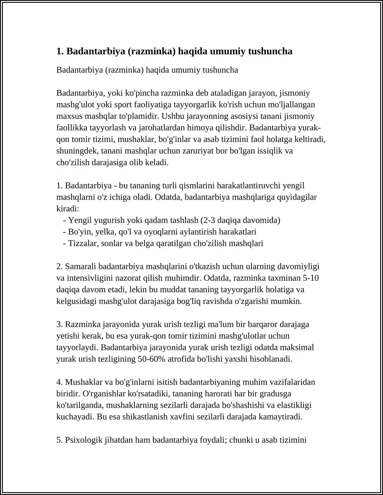 BADANTARBIYA (RAZMINKA), MOHIYATI, O'TKAZILISHI VA UNING TASHKILIY GISMI 3
