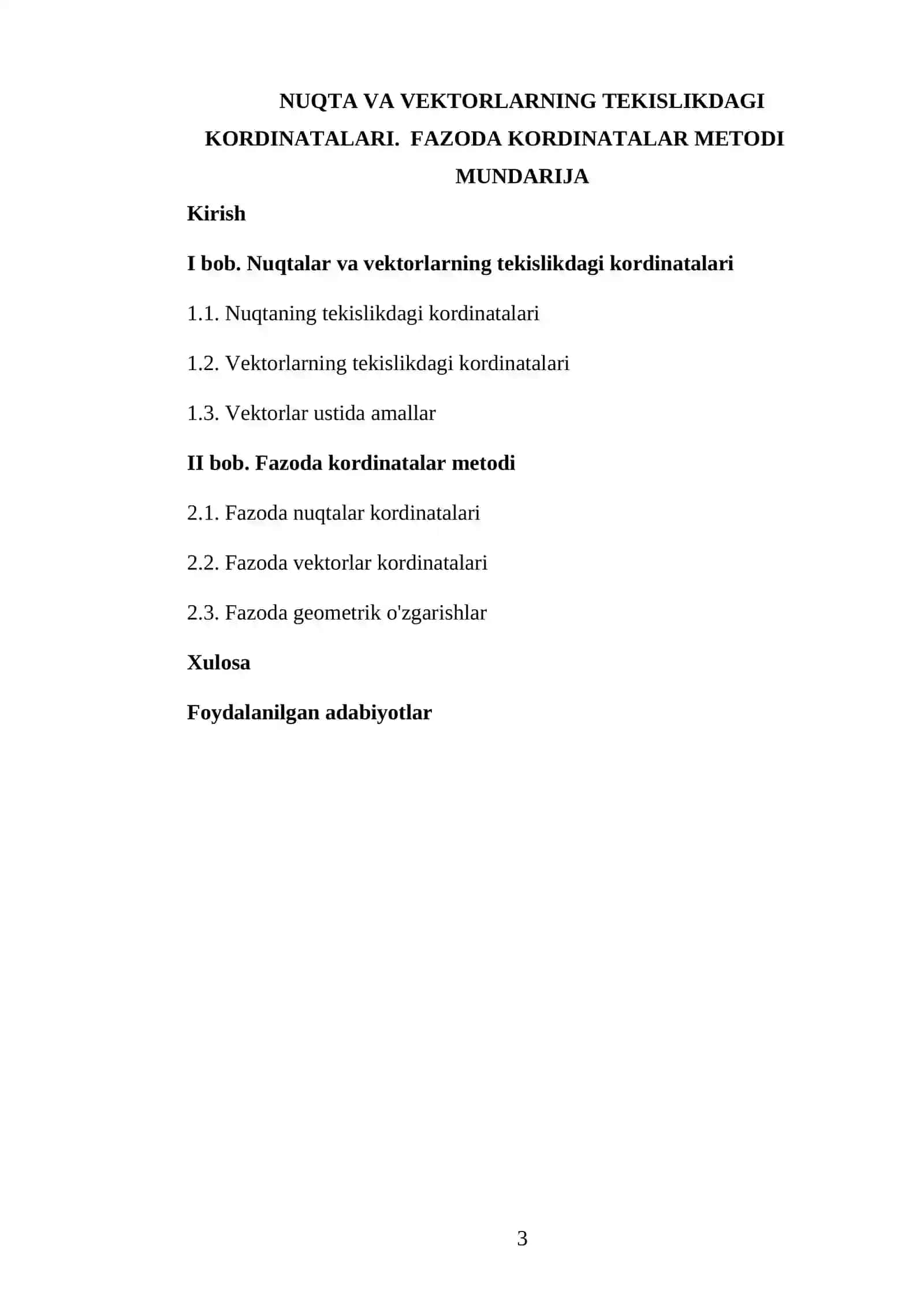 Nuqta va vektorlarning tekislikdagi kordinatalari. Fazoda kordinatalar metodi 3