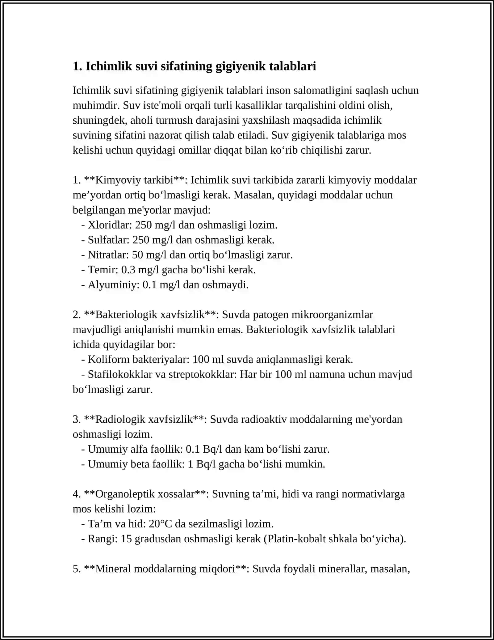ICHIMLIK SUVIGA QO'YILADIGAN TALABLAR 3