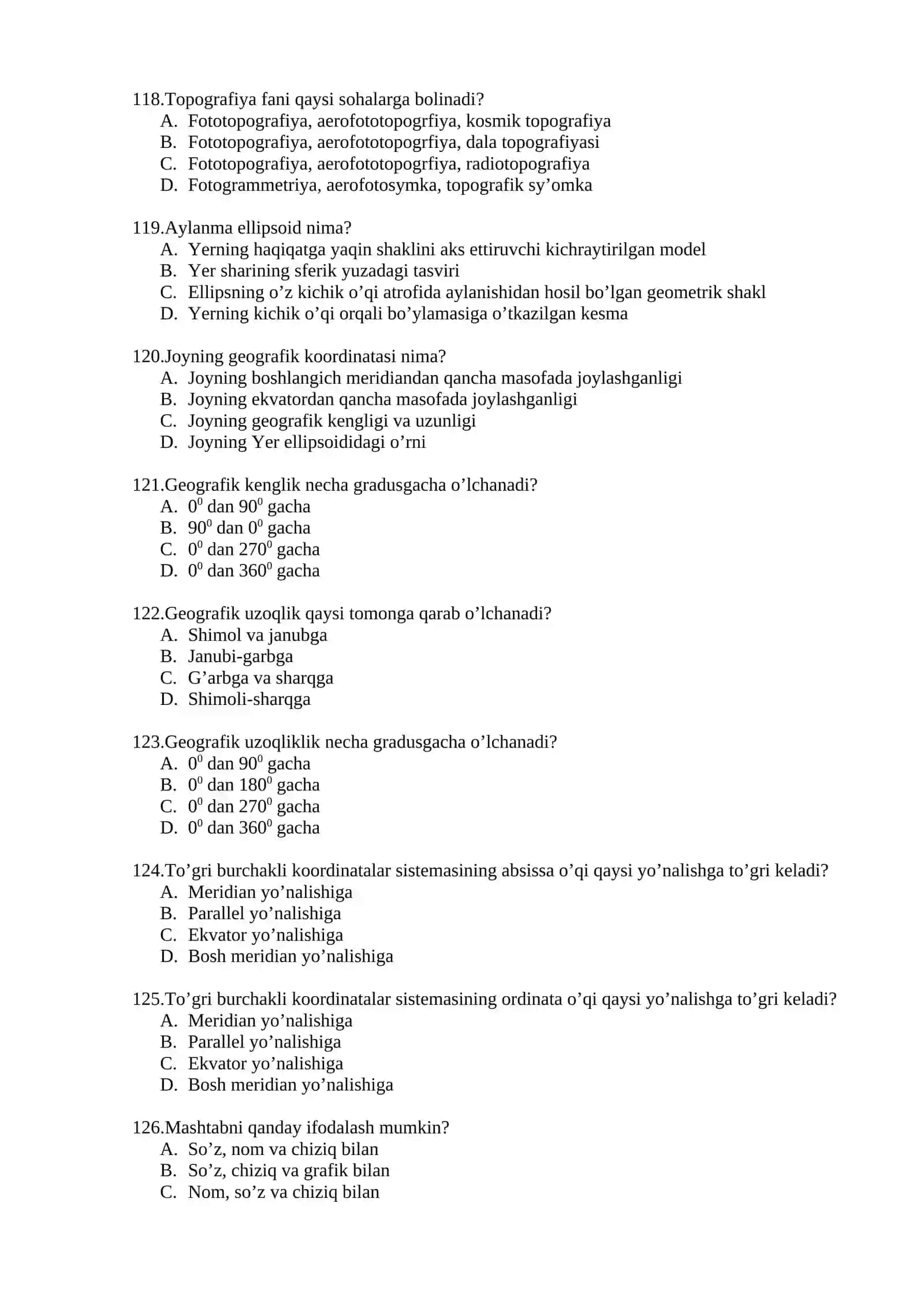 Topografiya, kartografiya va GIS fanidan 101-200 test 3