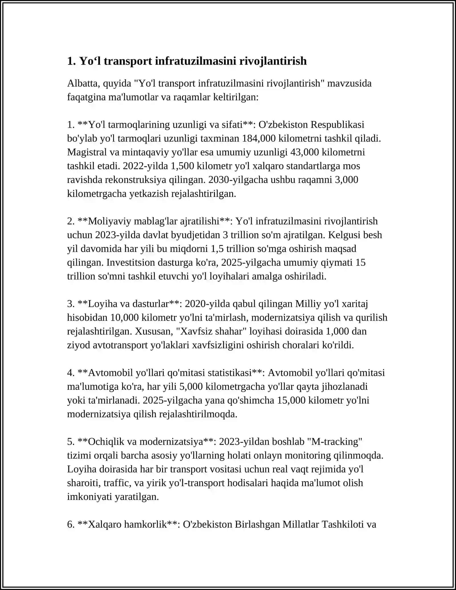Yo‘l transport infratuzilmasini rivojlantirish 3