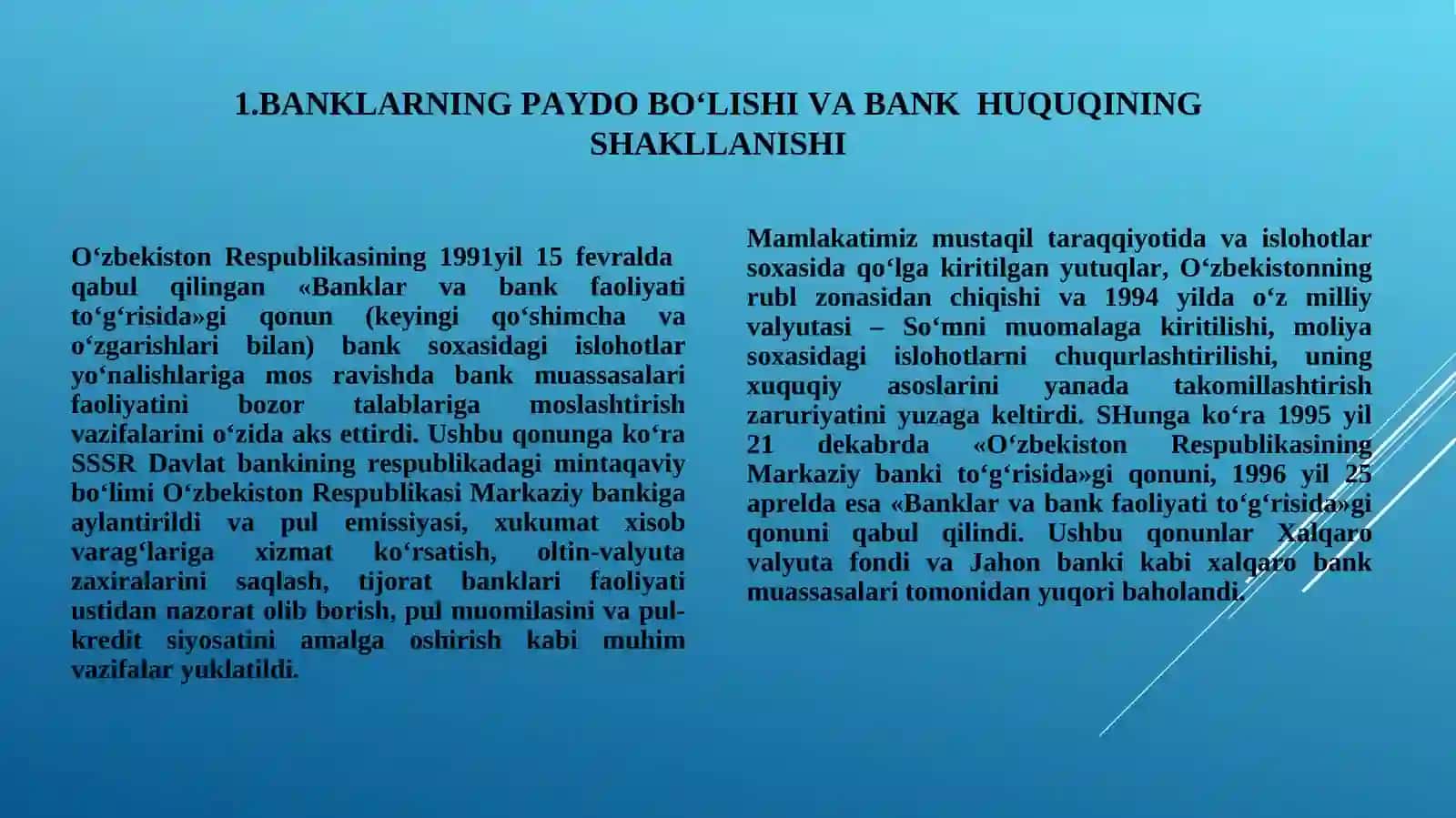 Bank huquqi” fanining predmeti va vazifalari. Bank huquqi, mohiyati, tamoyillari va manbalari 3