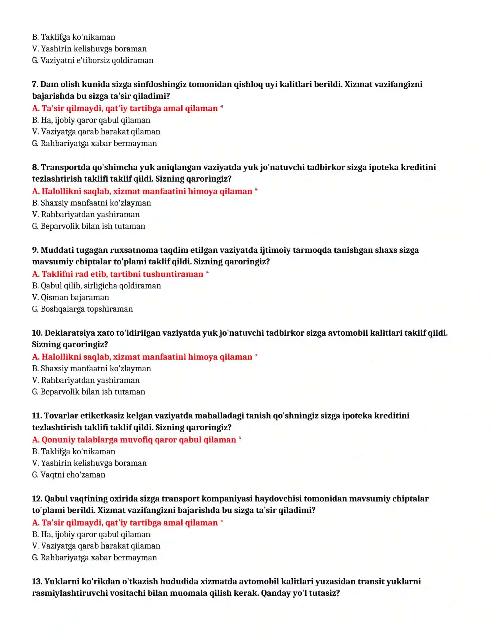 BOJXONA AKADEMIYASI - KASBIY TANLOV TEST SAVOLLARI (№49) 3
