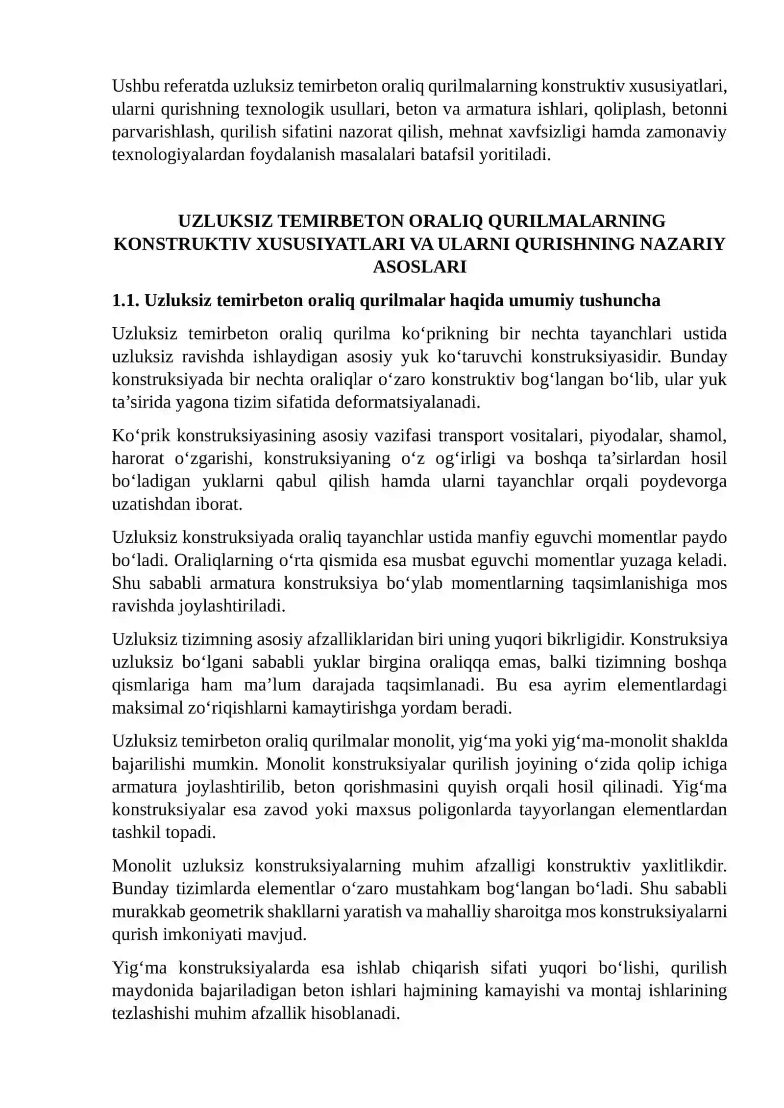 UZLUKSIZ TEMIRBETON ORALIQ QURILMALARNI QURISH TEXNOLOGIK JARAYONLARINI ISHLAB CHIQISH 3