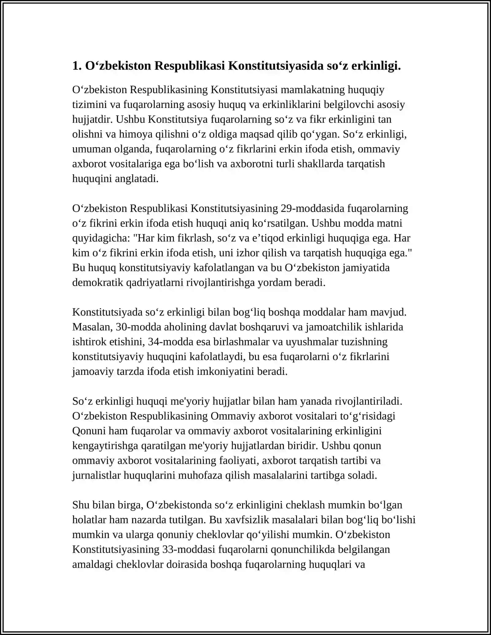O‘ZBEKISTON RESPUBLIKASI SO‘Z ERKINLIGINI TA'MINLASH: OMMAVIY AXBORAT VOSITALARI VA MATBUOT 3