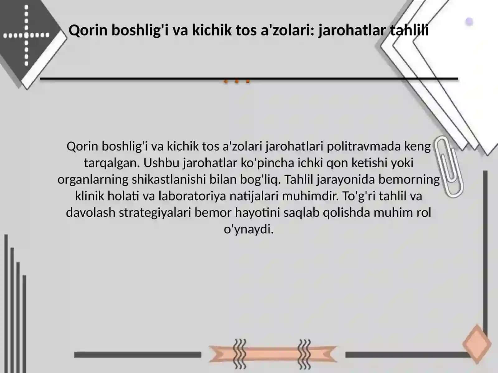 Ko'krak qafasi, qorin boshlig'i kichik tos a'zolari travmasi. Politravmada tekshirish taktikasi 3