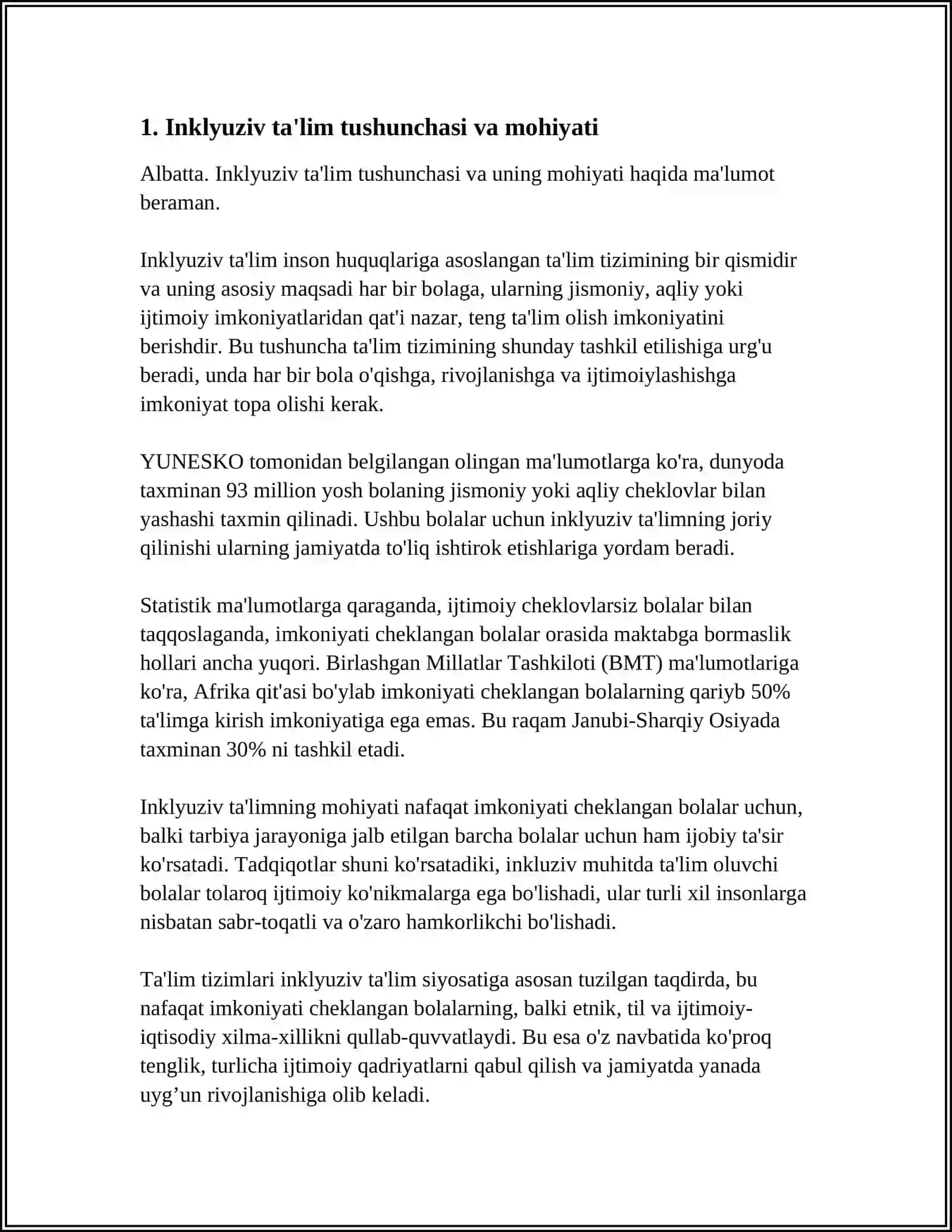 INKLYUZIV TA'LIMNING HUQUQIY ASOSLARINI XALQARO HUJJATLARDA TAHLIL QILISH 3
