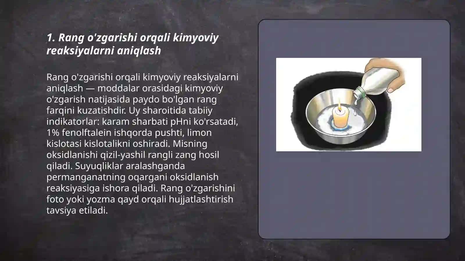Uy sharoitida kimyoviy reaksiyalarni aniqlash 3