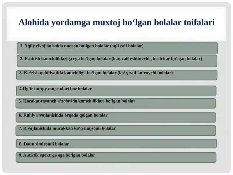 Inklyuziv ta‘limga jalb etiladigan alohida ta‘lim olish ehtiyoji bo‘lgan bolalar toifalari 3