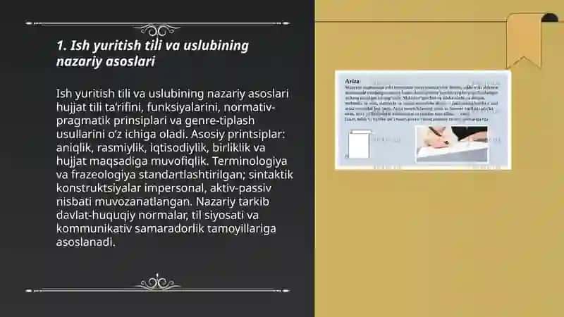 Ish yuritish tili va uslubi.O'zbekiston Respublikasida xujjatchilik takomillanishi 3