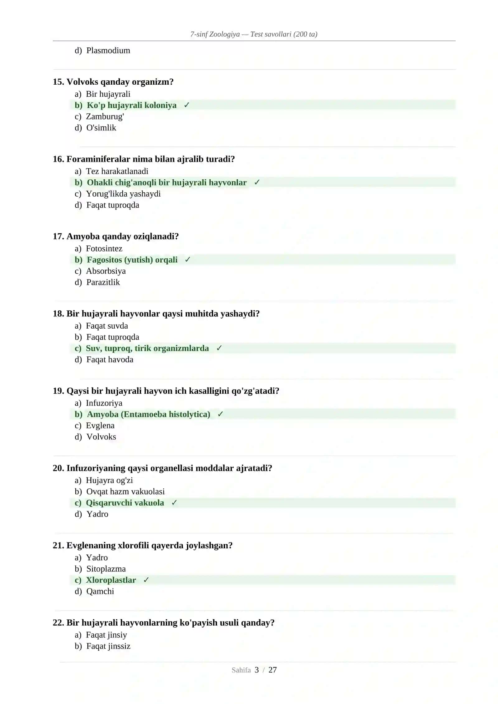 7-sinf Zoologiya — Test savollari (200 ta) 3