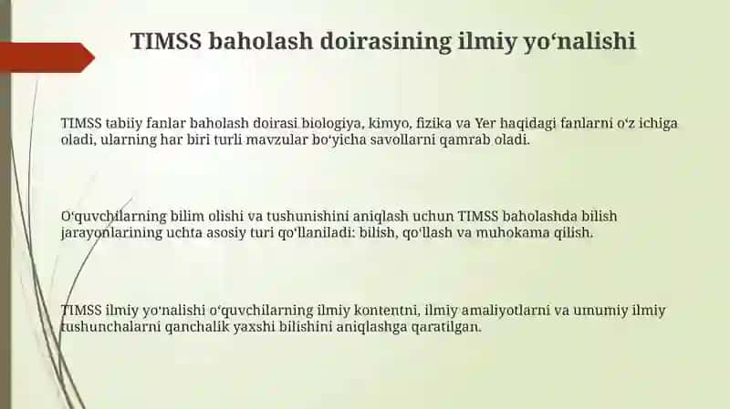 TIMSS tadqiqotining tabiy fanlar baholash qamrov doirasi mazmun va mohiyati 3